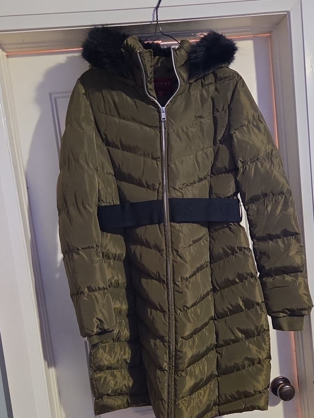 Guess Olive Green Long Quilted Puffer Coat with Faux-Fur Hood